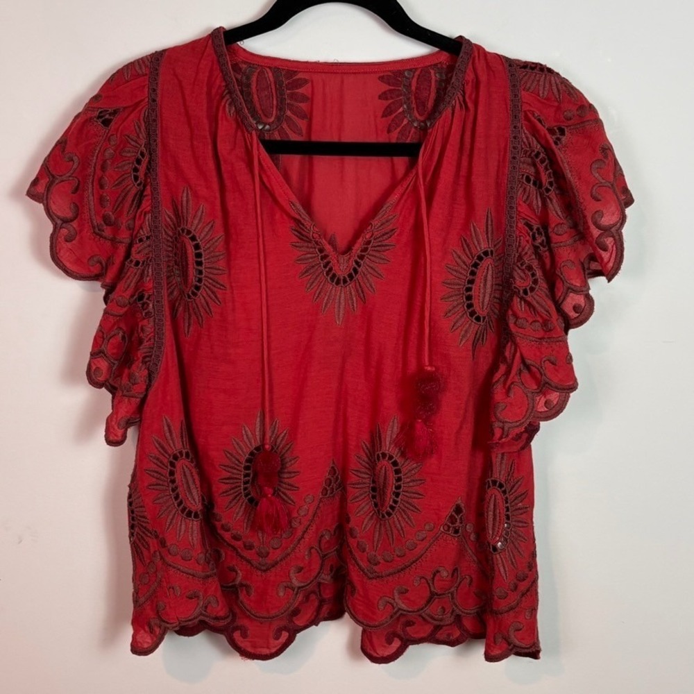Womens Red Embroidered Flutter Sleeve Boho Peasant 100% Cotton Blouse sz 4